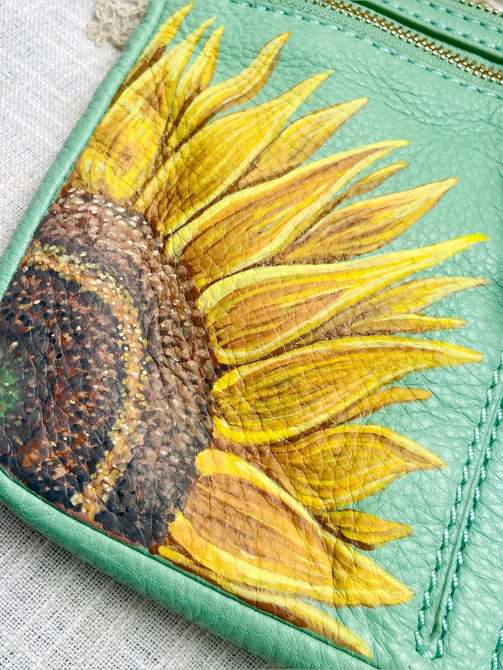 OOAK Fossil Mint Green Leather Crossbody Hand Painted Sunflower Artist Signed